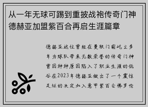 从一年无球可踢到重披战袍传奇门神德赫亚加盟紫百合再启生涯篇章 从一年无球可踢到重披战袍传奇门神德赫亚加盟紫百合再启生涯篇章