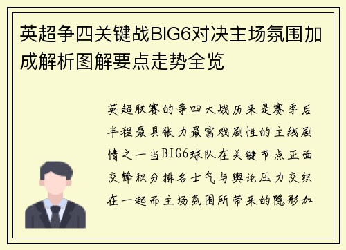 英超争四关键战BIG6对决主场氛围加成解析图解要点走势全览